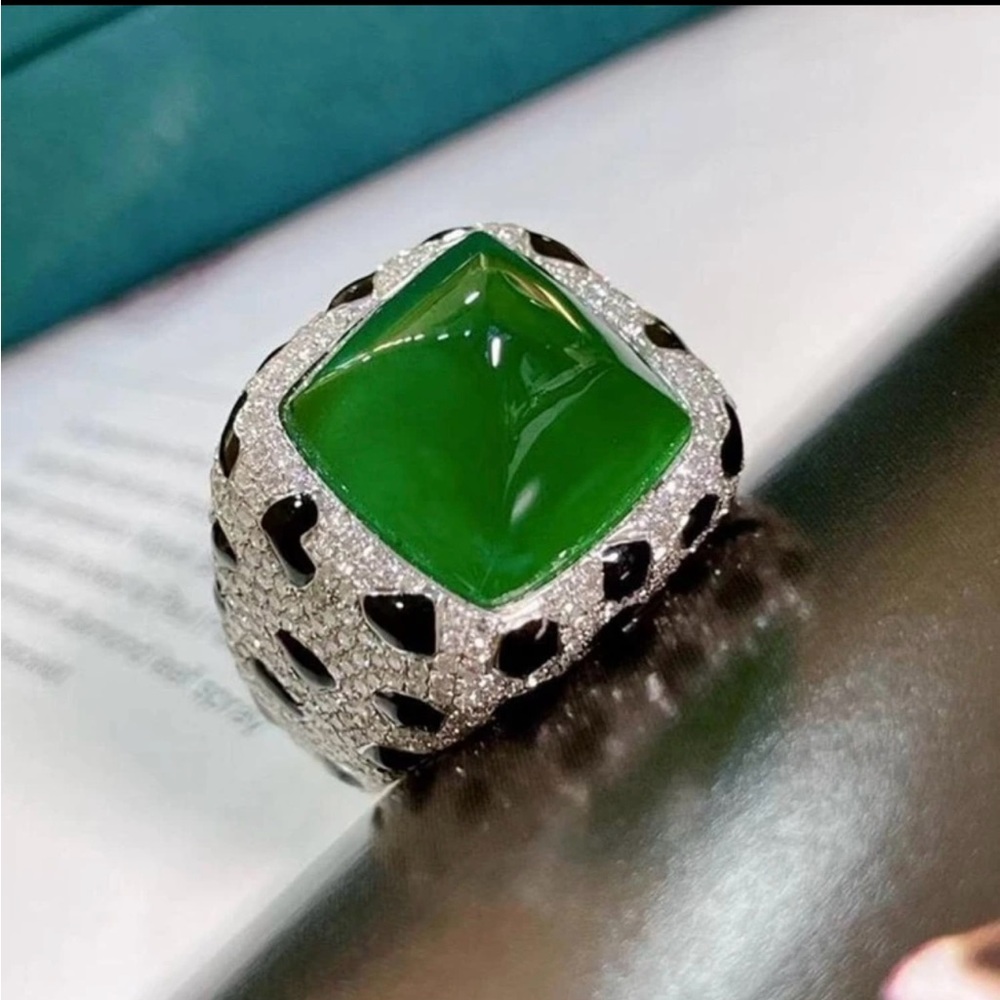 Emerald Green Statement Ring With Pav Silver Band… - image 2